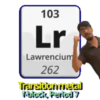 a man points at a sign that says lawrencium 262