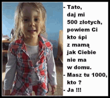 a little girl in a plaid shirt is standing next to a crib with a quote in a foreign language .