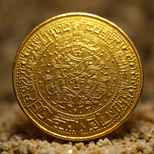 a gold coin that says ' noble ' on it sits on a pile of sand