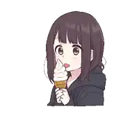 a girl is eating an ice cream cone with her mouth open
