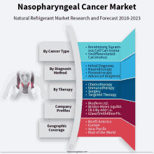 a diagram of the nasopharyngeal cancer market with a woman holding her neck