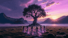 a group of women are dancing in front of a tree in a purple field