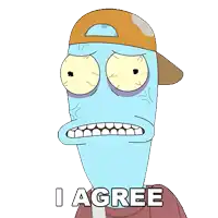 a cartoon character says " i agree " with his mouth wide open