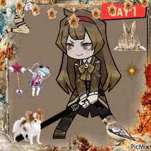 a picture of a girl holding a sword with a bird and a rabbit with day 1 written on it