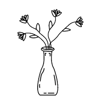 a black and white drawing of a vase filled with flowers on a white background .
