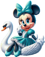 minnie mouse is sitting on a swan with a blue bow