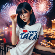 a woman wearing glasses and a toto tacal shirt