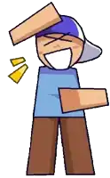 a cartoon character with a blue shirt and brown pants is holding a piece of wood in his hand .