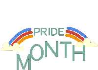 a logo for pride month with a rainbow and clouds behind it