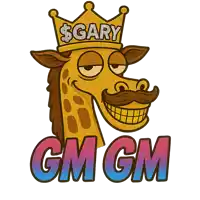 a cartoon giraffe with a crown and the words gary gm gm below it