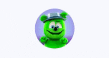 a green gummy bear wearing a hat is smiling in a circle .