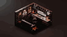 an isometric drawing of a room with a computer desk and a guitar on a shelf