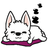 a white dog is sleeping on a purple pillow with bubbles coming out of its ears .