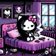 a pixel art of a hello kitty sitting on a bed