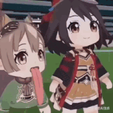 two anime girls are standing next to each other with one sticking out her tongue