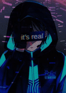 a person wearing a hoodie and a hat that says " it 's real " on it