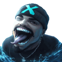 a man wearing a beanie with an x on it is sticking his tongue out