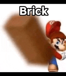 a cartoon of mario holding a large brick .