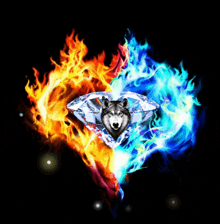 a wolf is surrounded by fire and a diamond