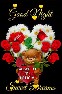 a teddy bear is holding a heart in front of a heart made of roses and daisies