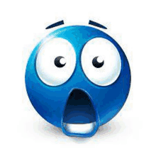 a blue smiley face with big eyes and a surprised look on his face .