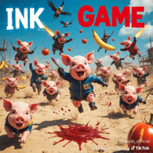 a poster for ink game shows pigs running in the dirt