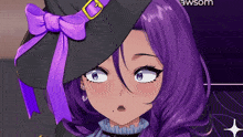 a girl with purple hair wearing a witch hat with a purple bow