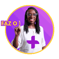 a woman wearing glasses and a white shirt with a purple cross and the word fazo behind her