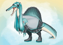 a drawing of a crocodile dressed as a girl with the letter t on its chest
