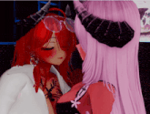 a couple of anime characters standing next to each other with one having horns on her head