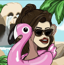 a cartoon drawing of a woman wearing sunglasses and a pink flamingo float