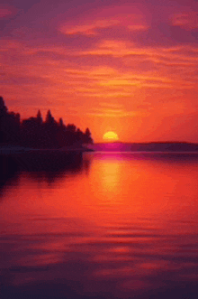 a sunset over a lake with trees in the foreground