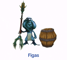 a cartoon character holding a spear next to a barrel that says figas on the bottom