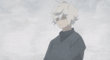 a young man with white hair and a black sweater looks up at the sky