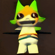 a 3d rendering of a cartoon cat with green ears and a sword .