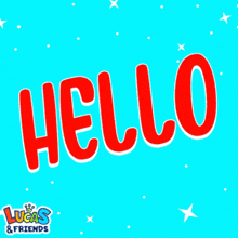 a blue background with the word hello written in red letters
