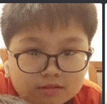 a close up of a young boy wearing glasses .