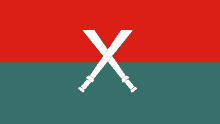 a red and green flag with two crossed swords in the middle