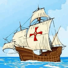 a pirate ship with a red cross on the sails is floating on top of the ocean .