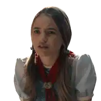 a girl with pigtails and a red scarf around her neck is making a funny face