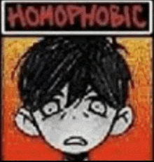 a cartoon of a boy with a red background and the words `` homophobic '' written on it .