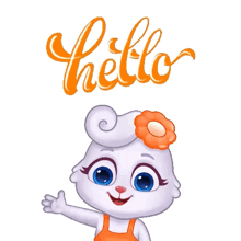 a cartoon rabbit with a flower in her hair is waving in front of the word hello .