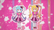 two anime girls are standing next to each other on a pink background with stars