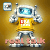 a robot with a yellow sweater that says digi 995
