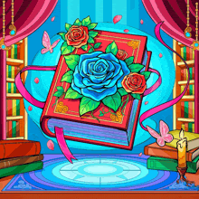 a book with blue roses and red roses on it