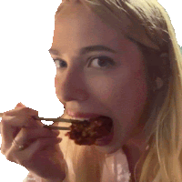 a woman eating a piece of meat with chopsticks and a white background