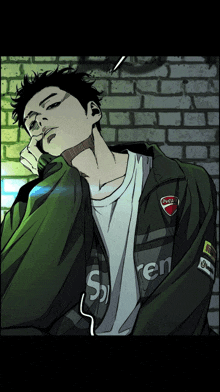 a man wearing a green jacket with the word supreme on the back