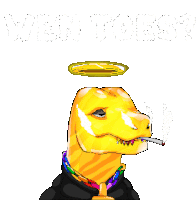 a pixel art drawing of a dinosaur with a halo on its head