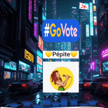 a woman singing into a microphone with the words #govote and #pepite below her