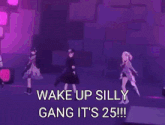 a girl in a purple outfit is holding a microphone and saying `` wake up silly gang it 's 25 !! ''